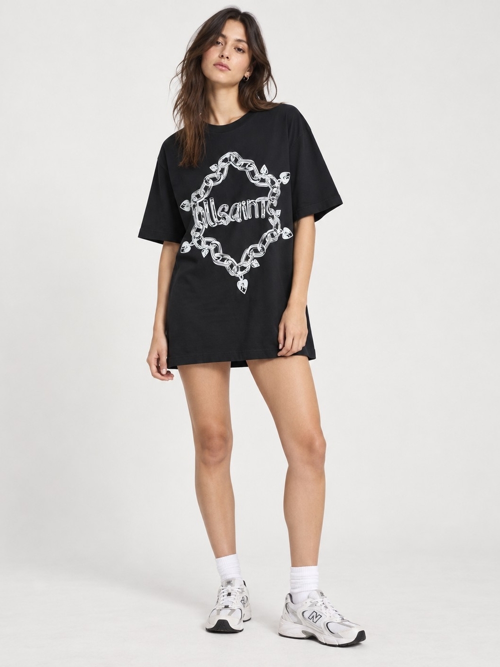 All Saints Black Graphic Tee Dress with Chain Logo XS loose fit